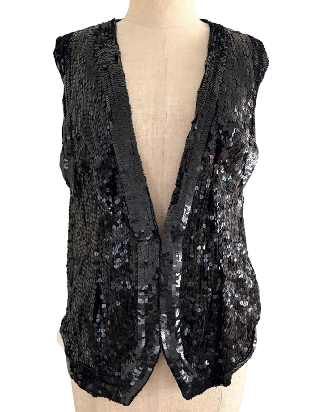 VTG 90s Black Sequin Vest Glam Drama Silk Glamour Medium Jean for Joesph Le Bon